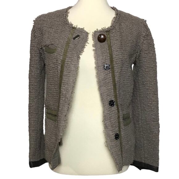Isabel Marant Taupe Boucle Tweed Woven Snap Button Leather Trim Coat Jacket 0 - Picture 14 of 16